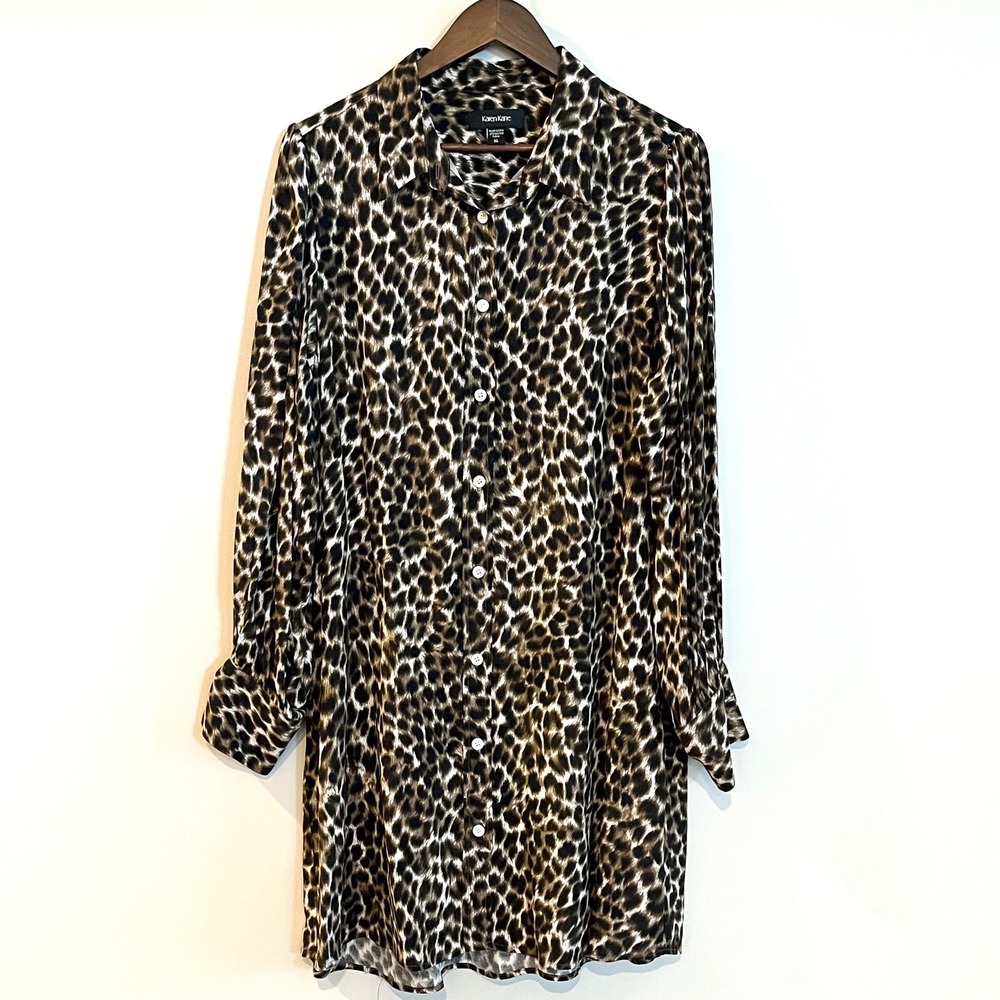 Karen Kane Womens XL Leopard Print Viscose Button Down Shirt Dress Cheetah